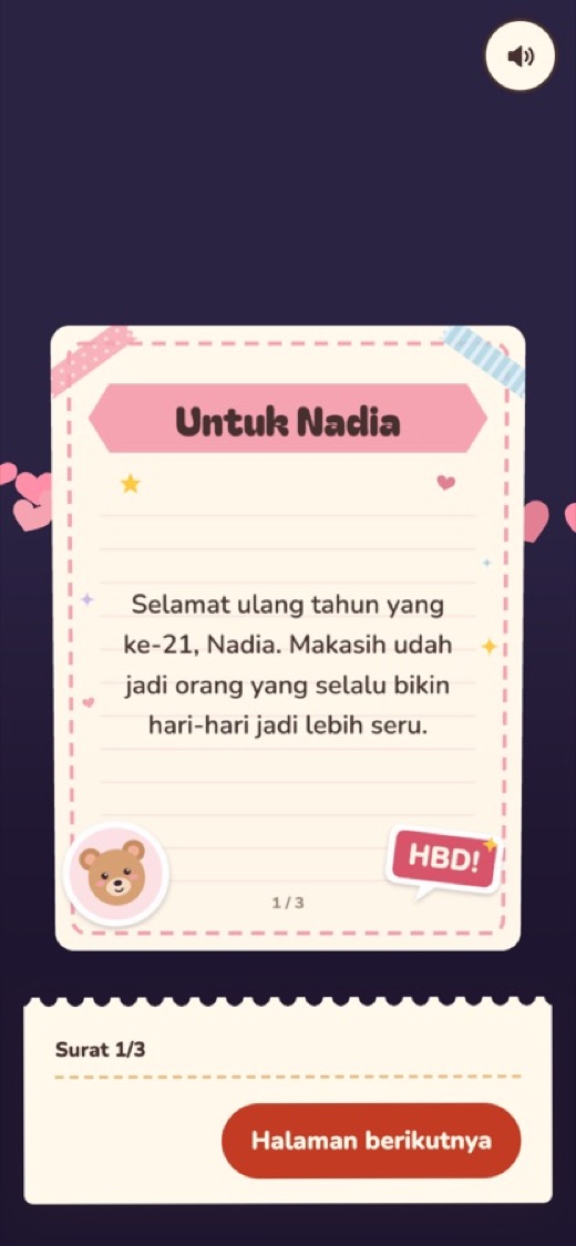 Demo Hemat 3D: surat bergambar beruang dan stiker HBD